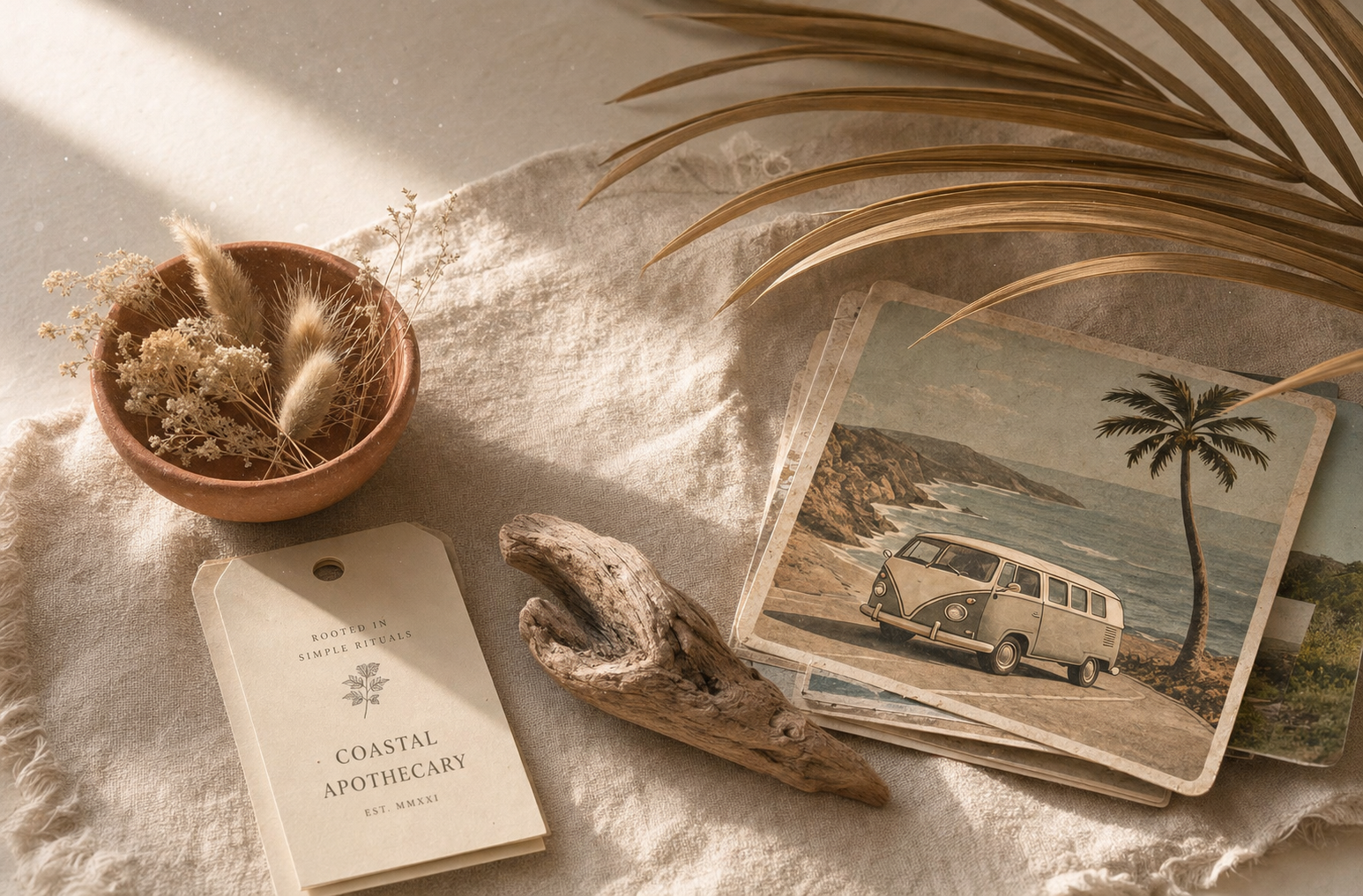 Coastal still life on linen with dried grasses, terracotta bowl, and folded apothecary label