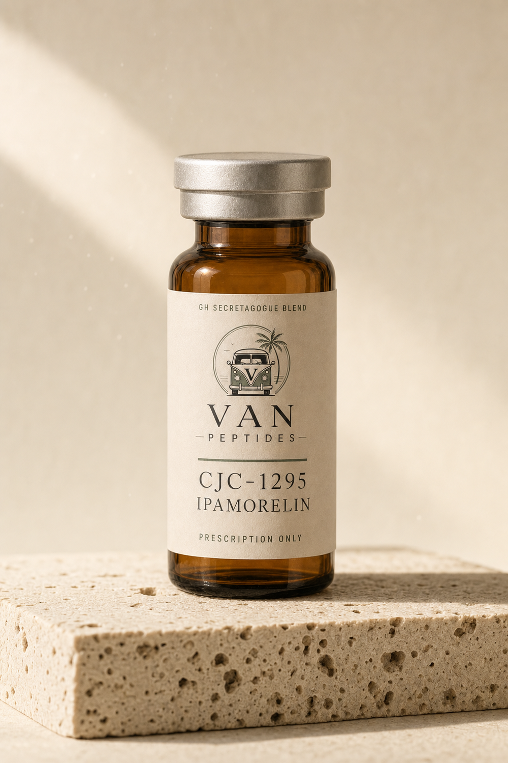 Amber apothecary vial labelled CJC-1295 / Ipamorelin