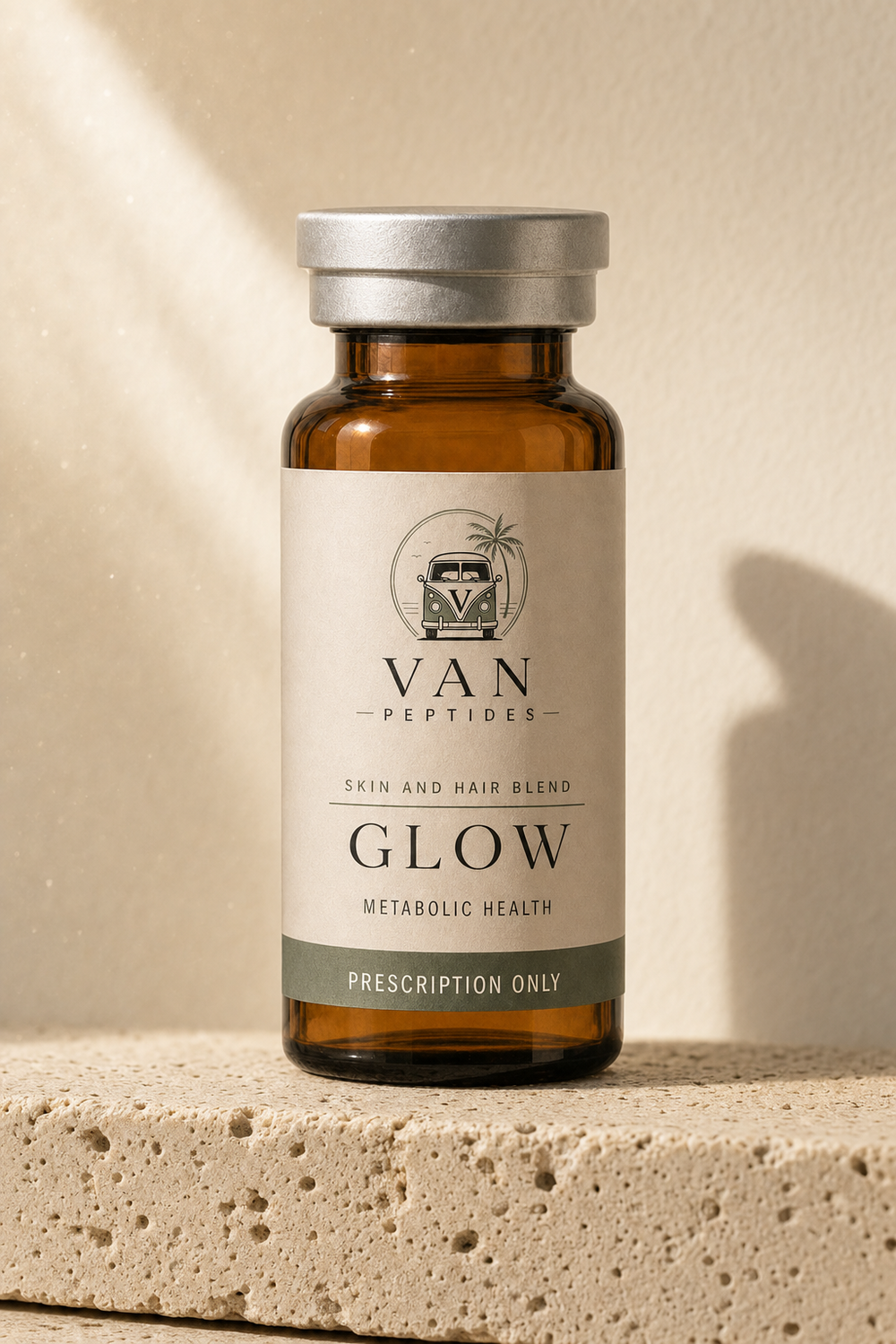 Amber apothecary vial labelled GLOW
