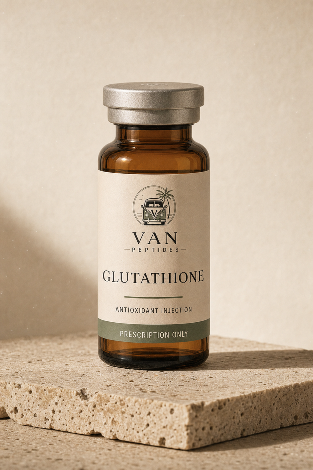 Amber apothecary vial labelled Glutathione