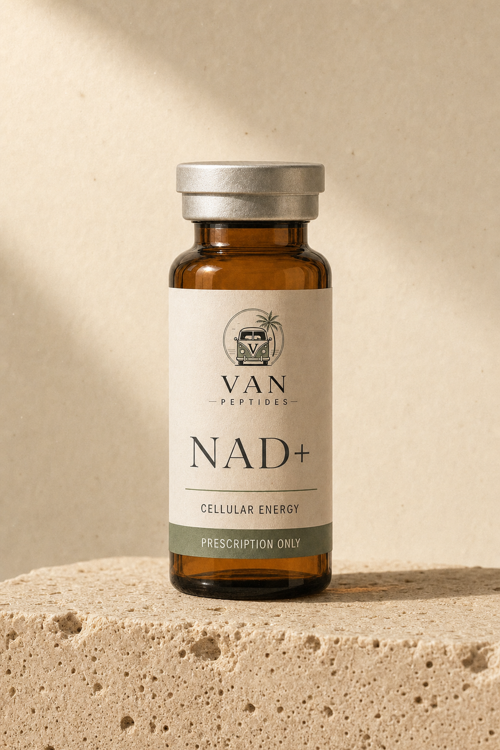 Amber apothecary vial labelled NAD+ (High Dose)