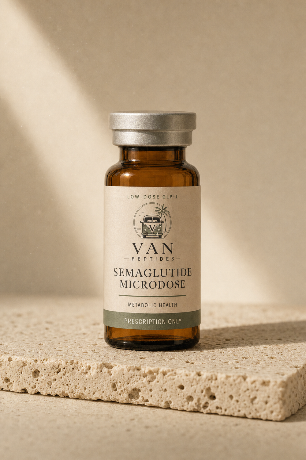 Amber apothecary vial labelled Semaglutide Microdose