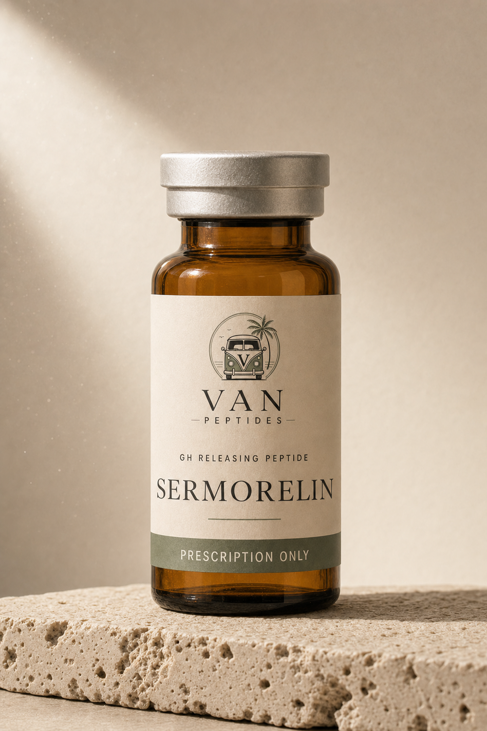 Amber apothecary vial labelled Sermorelin (High Dose)