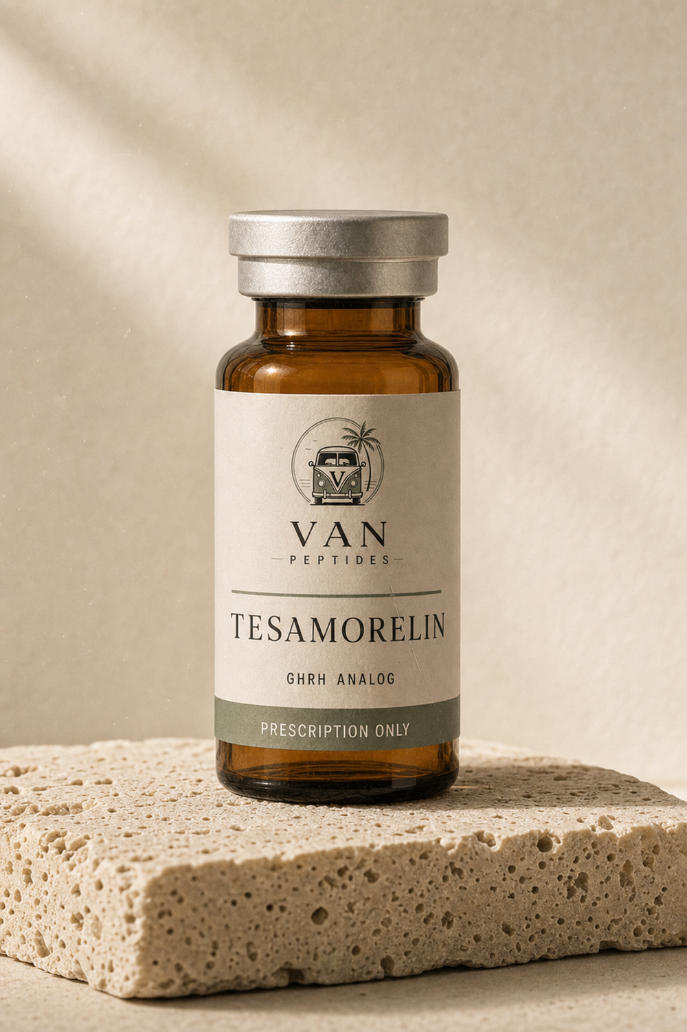 Amber apothecary vial labelled Tesamorelin