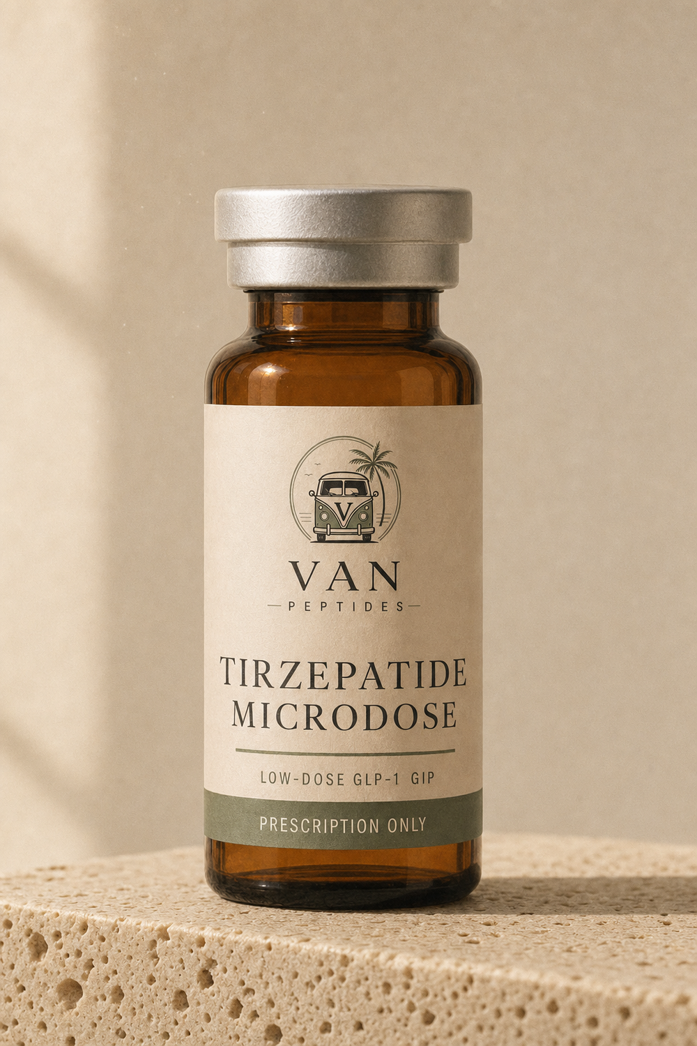 Amber apothecary vial labelled Tirzepatide Microdose