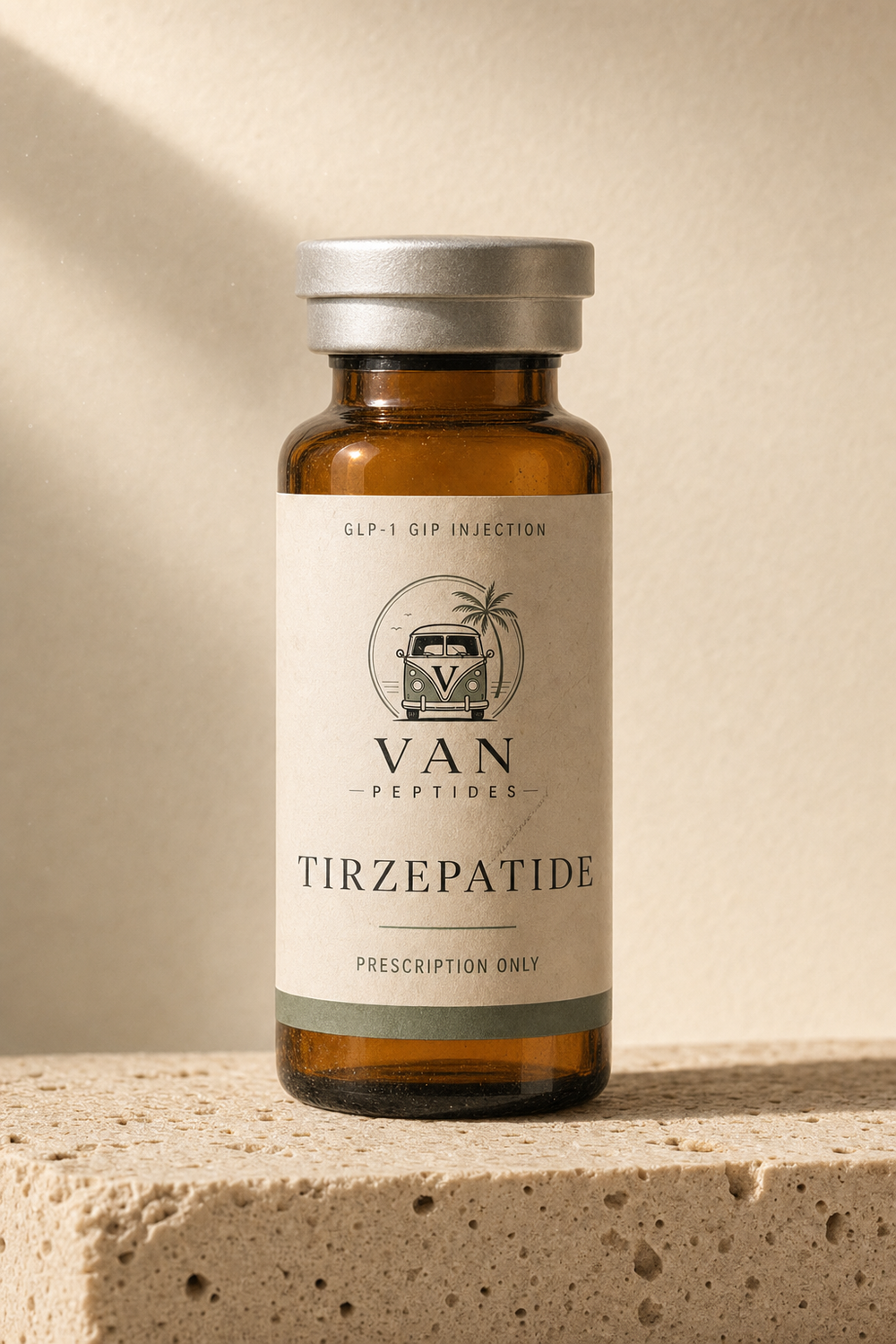 Amber apothecary vial labelled Tirzepatide