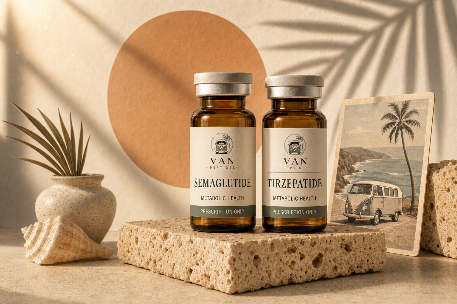 Two amber apothecary vials labelled Semaglutide and Tirzepatide on a travertine slab beside a terracotta sun disc and a vintage coastal postcard